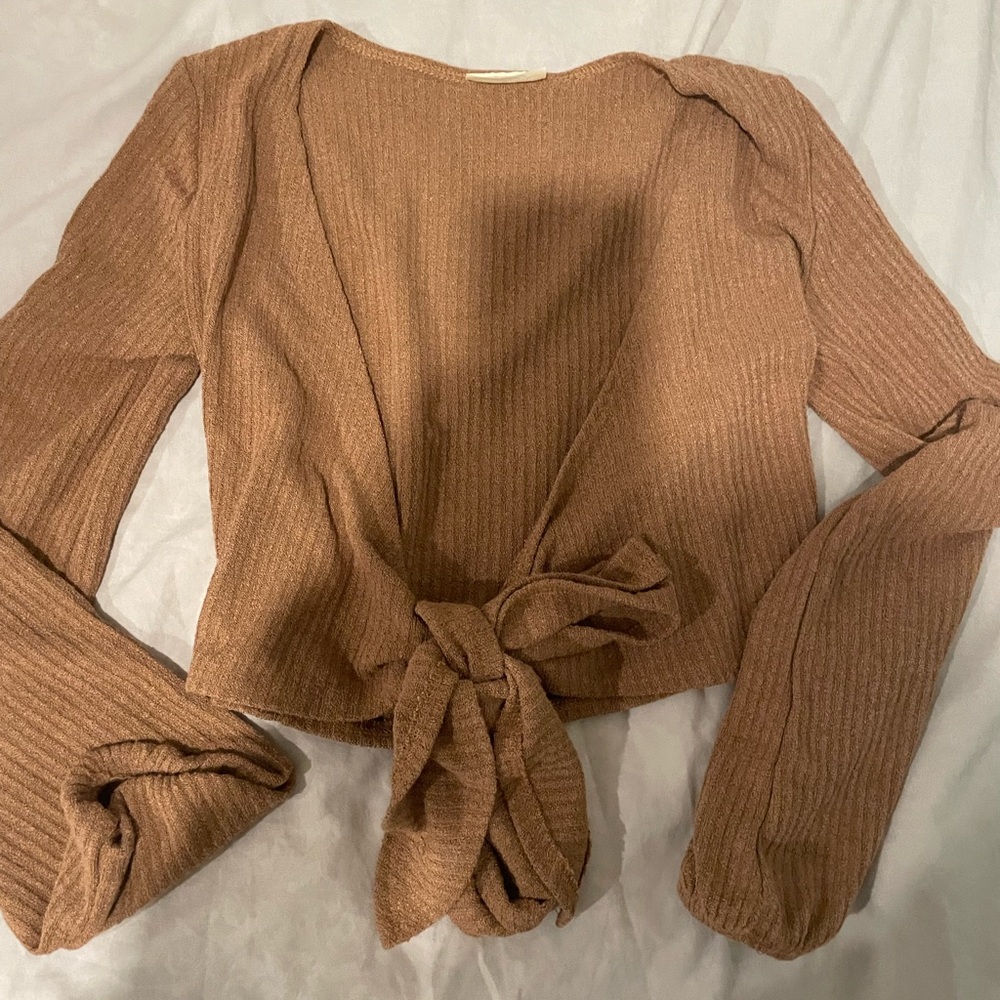 2 Brown Ribbed Tie-Front Cardigan